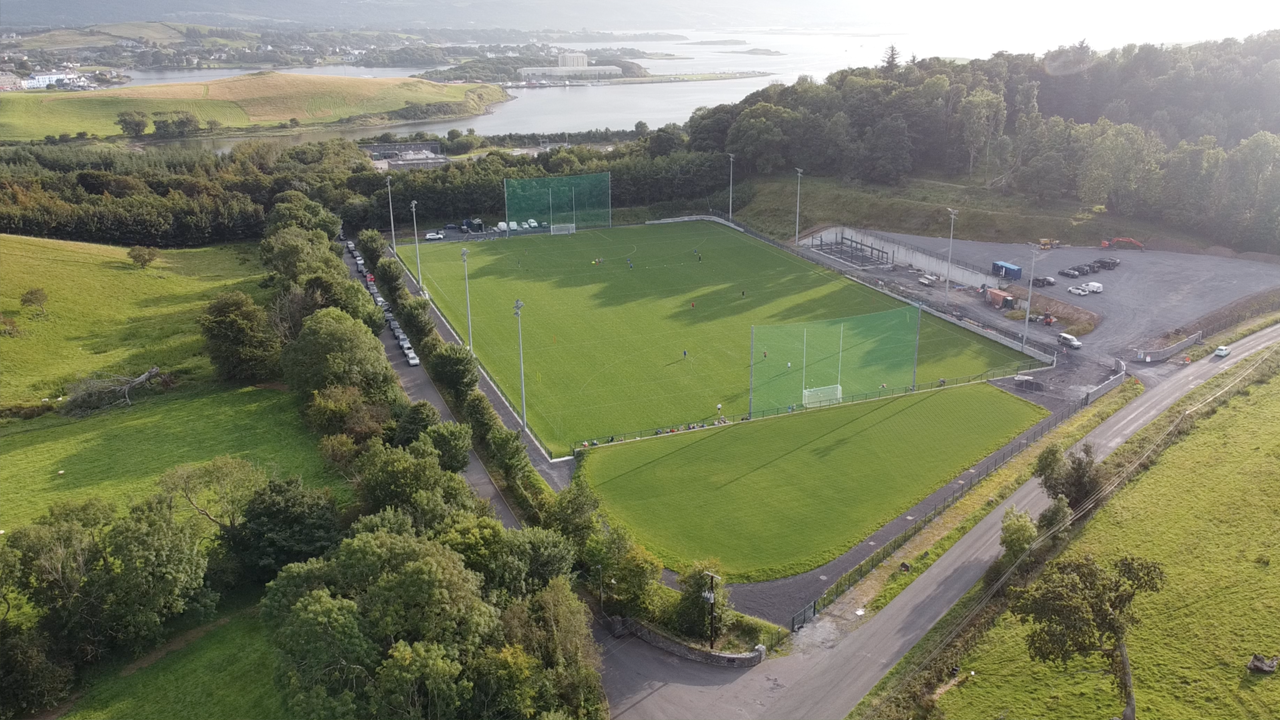 Aerial view of Kenny Park, with Westport and Clew Bay in the background